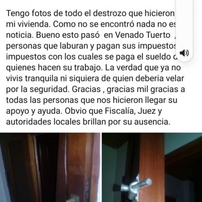 VECINA DENUNCIÒ QUE SUFRIÒ UN ALLANAMIENTO EQUIVOCADO Y LE DESTROZARON LA PUERTA